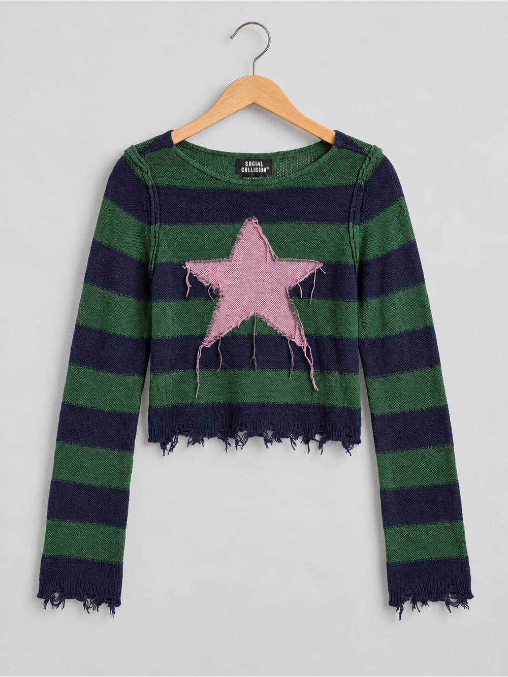 Hot Topic Green & Navy Striped Sweater with Pink Star